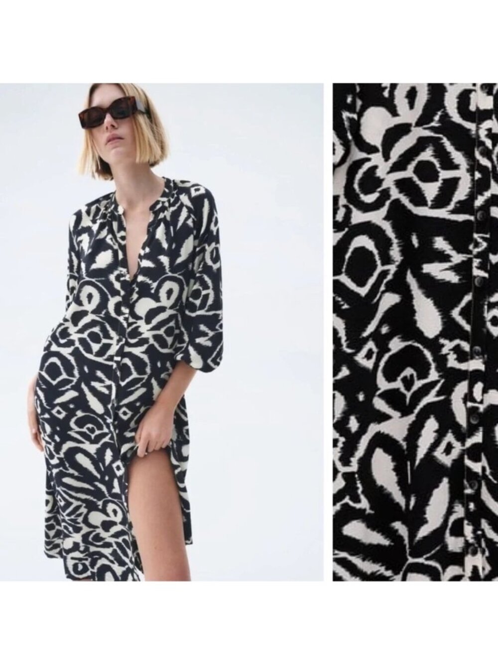 Zara Black Navy White Floral Button-Front Shirt Midi Dress XXL